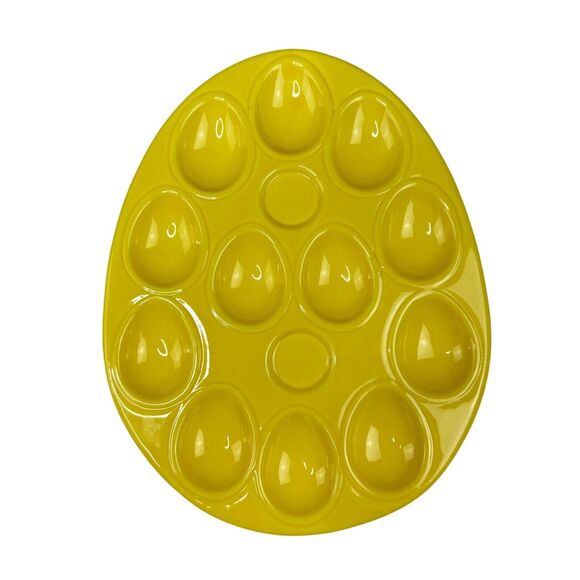 Yellow Deviled Egg Plate Tray Ceramic 12 Egg Holder Vintage Serving Platter - Picture 1 of 2